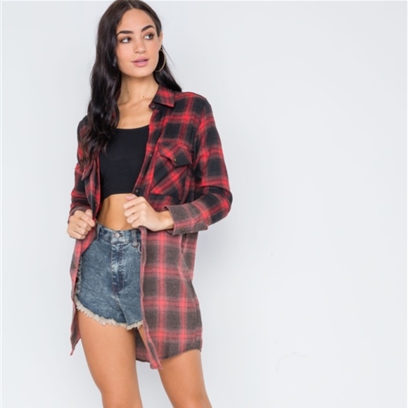 Luxe Label Tops - Lumberjack Black & Red Ombre Flannel Shirt Dress